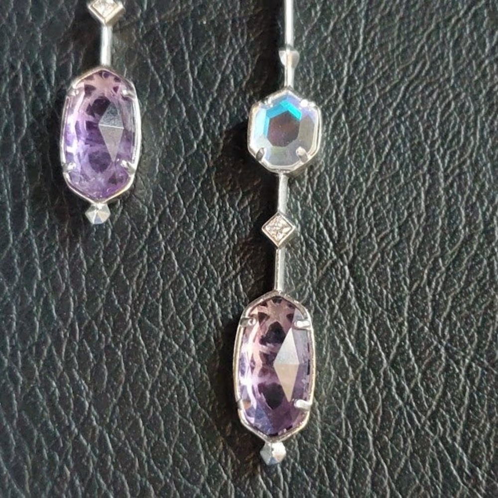 Kendra Scott Silver Tone Purple Amethyst Iridescent Crystal Drop Dangle Earrings - Picture 4 of 7